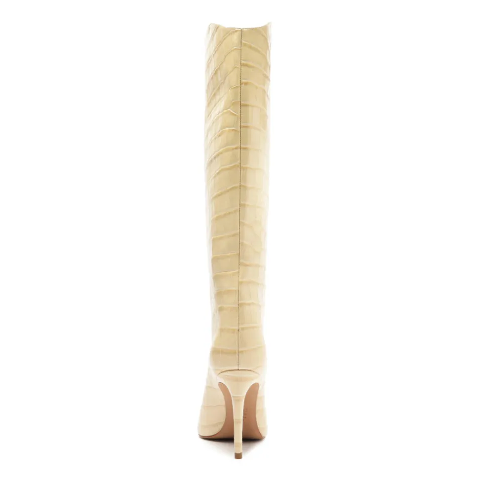 Maryana Wide Crocodile-Embossed Leather Boot in Beige