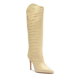 Maryana Wide Crocodile-Embossed Leather Boot in Beige