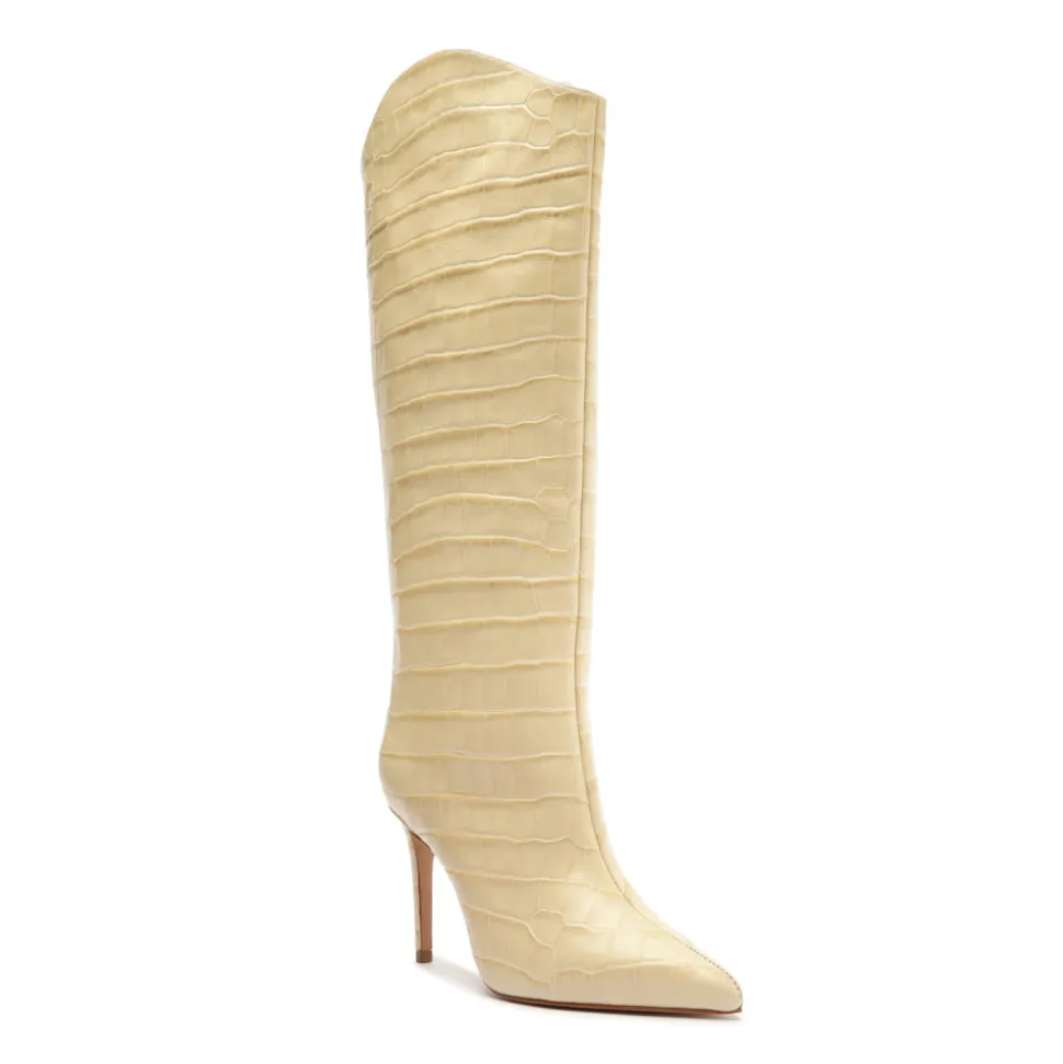 Maryana Wide Crocodile-Embossed Leather Boot in Beige