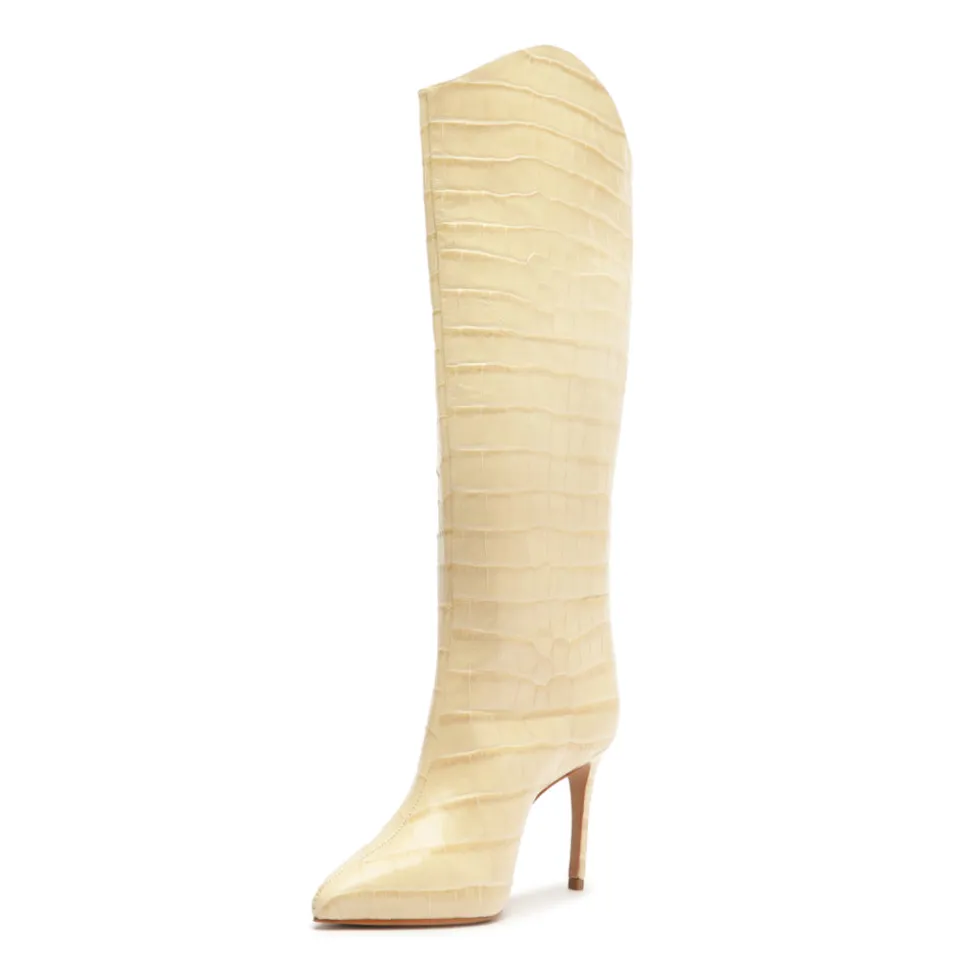 Maryana Wide Crocodile-Embossed Leather Boot in Beige