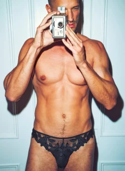 Men’s Lily Embroidery Thong in Black