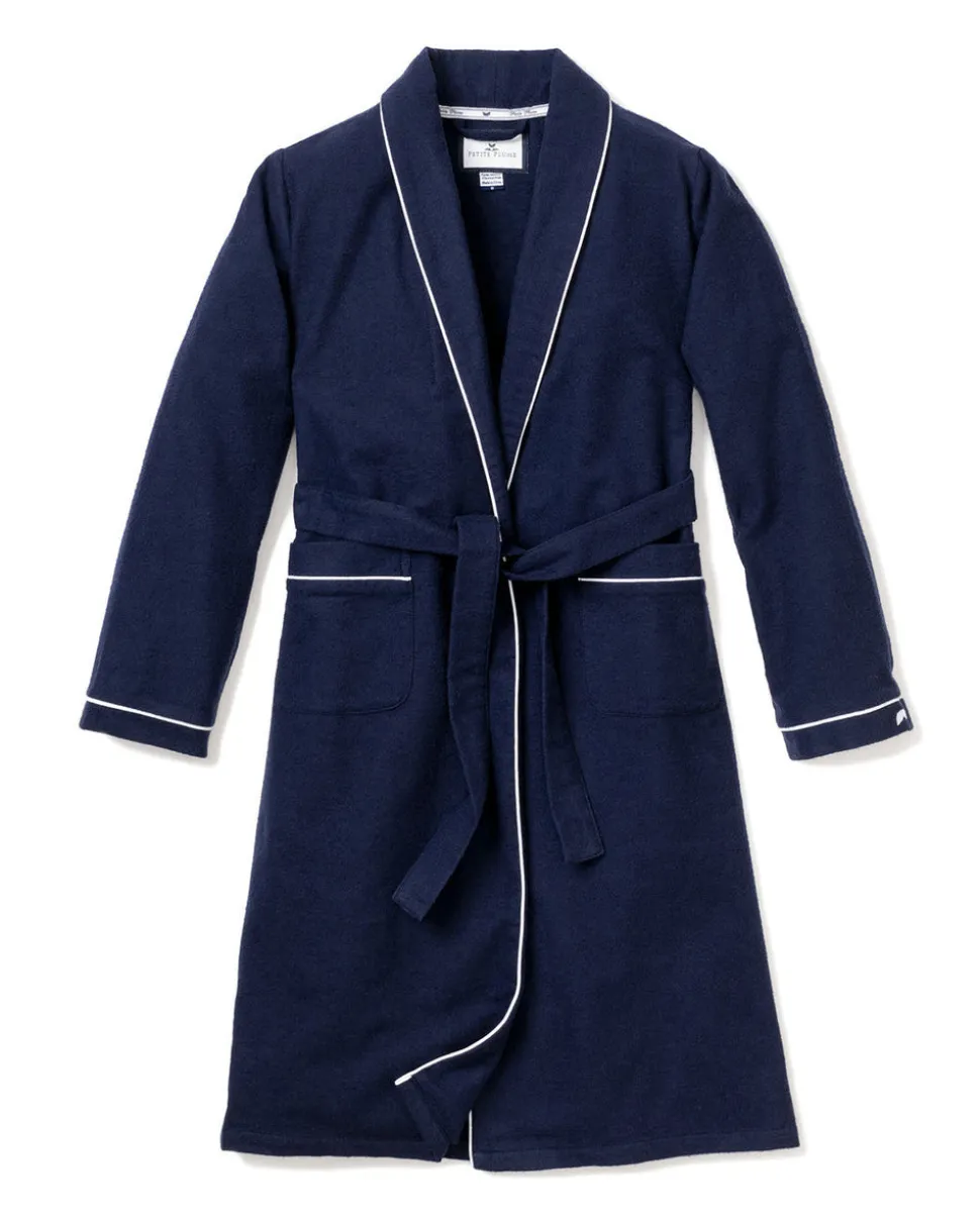 Men’s Navy Flannel Robe with White Piping