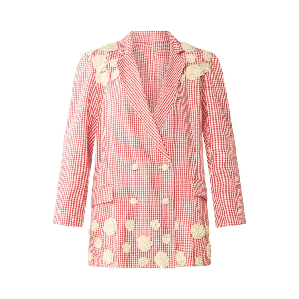 Meredith Blazer x Rainey Collaboration in Red Gingham with Cream Crochet Applique