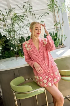 Meredith Blazer x Rainey Collaboration in Red Gingham with Cream Crochet Applique