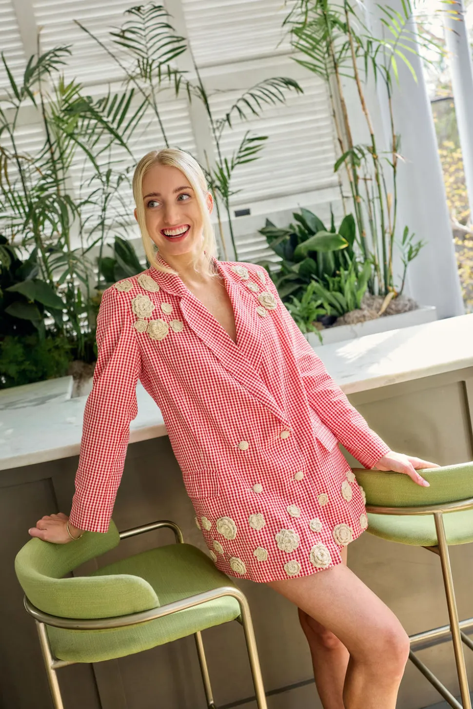 Meredith Blazer x Rainey Collaboration in Red Gingham with Cream Crochet Applique