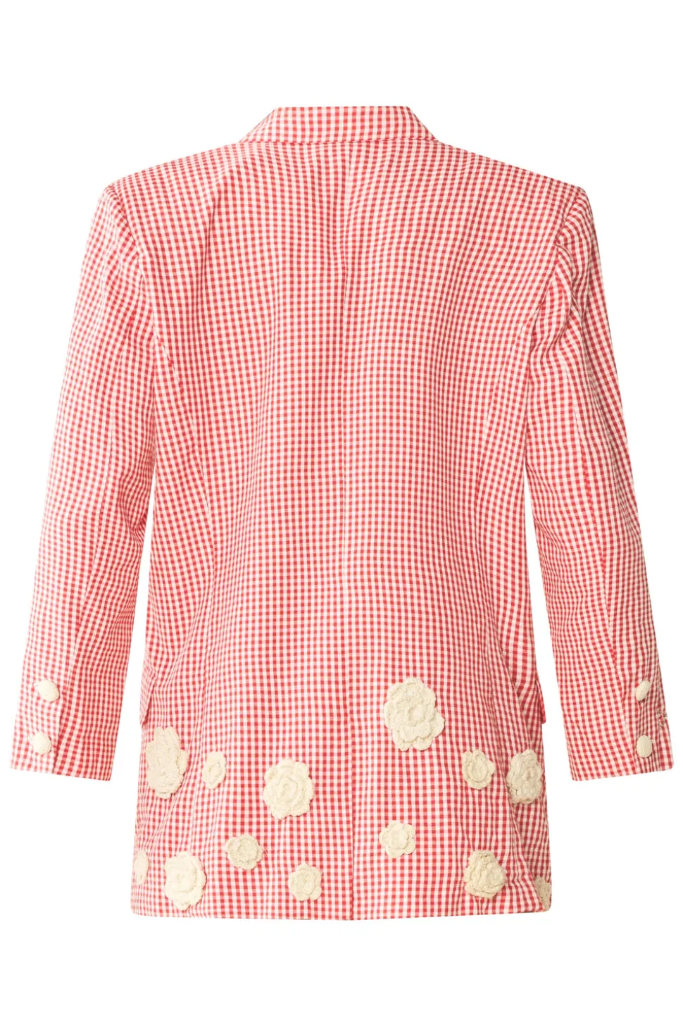 Meredith Blazer x Rainey Collaboration in Red Gingham with Cream Crochet Applique
