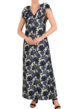 Meredith Gown in Ivory and Navy Floral Silhouette Jacquard
