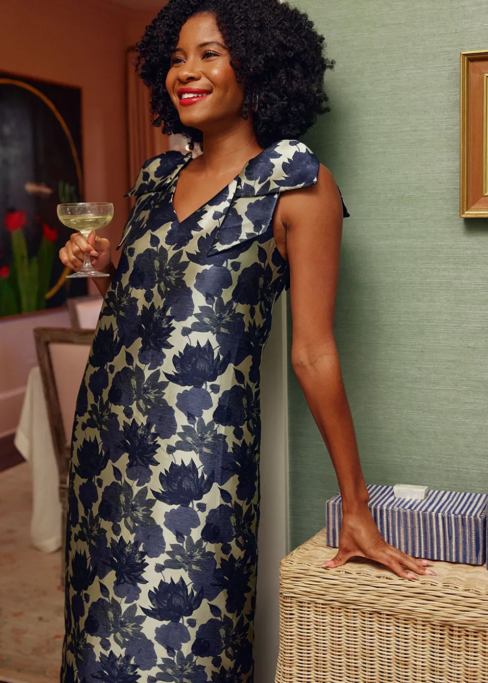 Meredith Gown in Ivory and Navy Floral Silhouette Jacquard