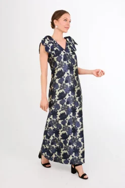 Meredith Gown in Ivory and Navy Floral Silhouette Jacquard