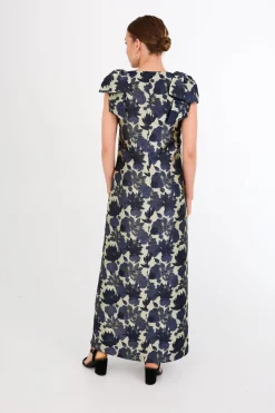 Meredith Gown in Ivory and Navy Floral Silhouette Jacquard