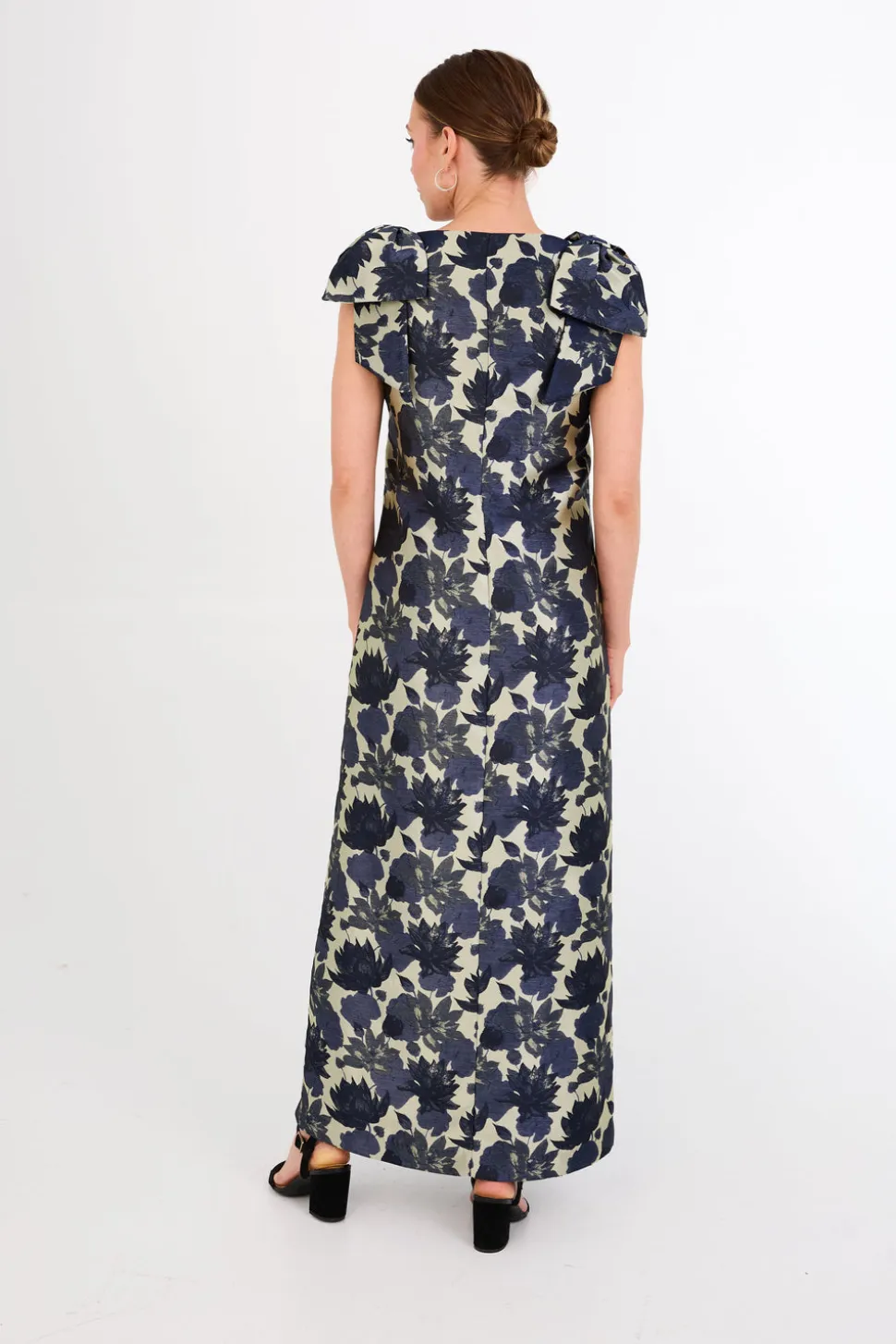 Meredith Gown in Ivory and Navy Floral Silhouette Jacquard
