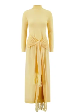 Merino Wool Knit Mock Neck Wrap Dress in Sunlight