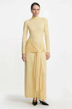 Merino Wool Knit Mock Neck Wrap Dress in Sunlight