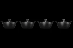 Mini Round Braiser 1/3 QT in Matte Black with Sterling Silver Knobs, Set of 4