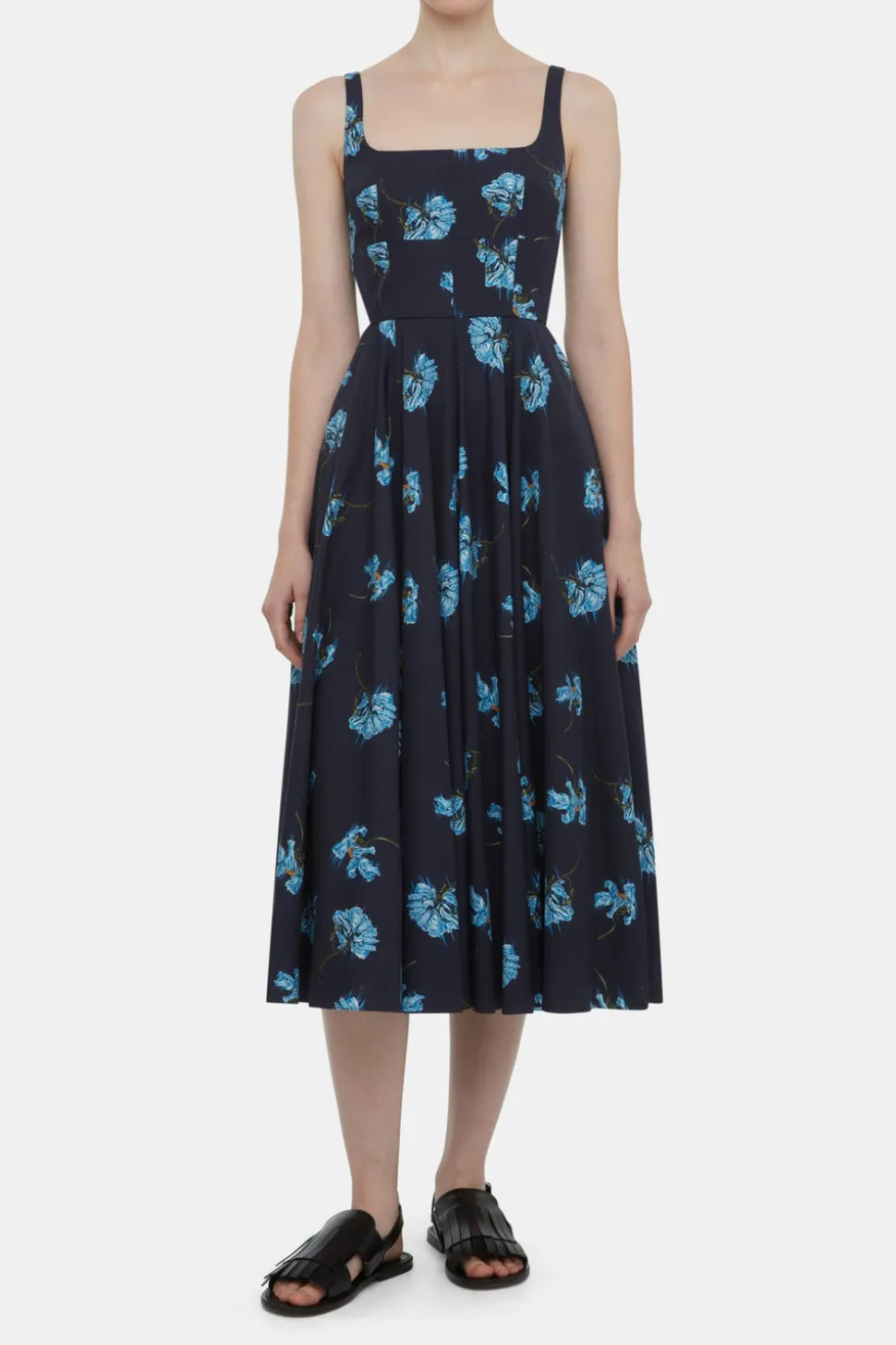 Mona Dress with Blue Flowers on Navy Cotton