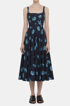 Mona Dress with Blue Flowers on Navy Cotton