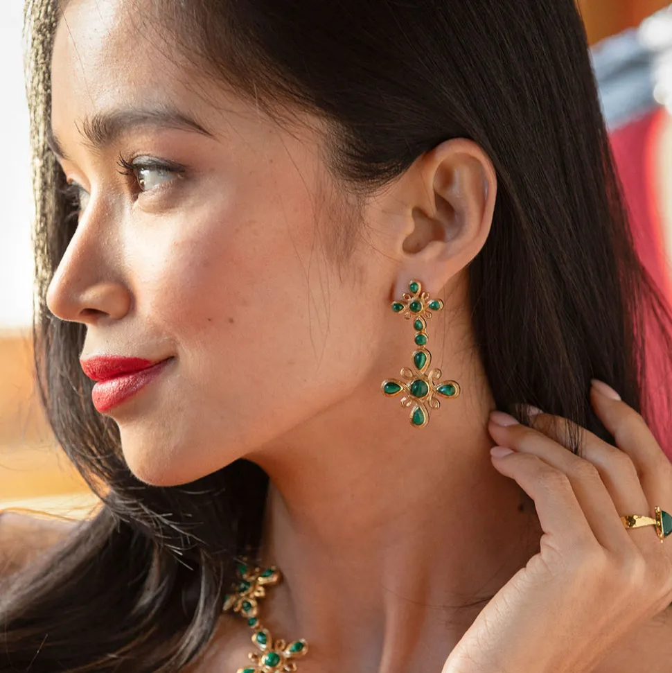 Monique Gem Double Drop Earrings in Malachite