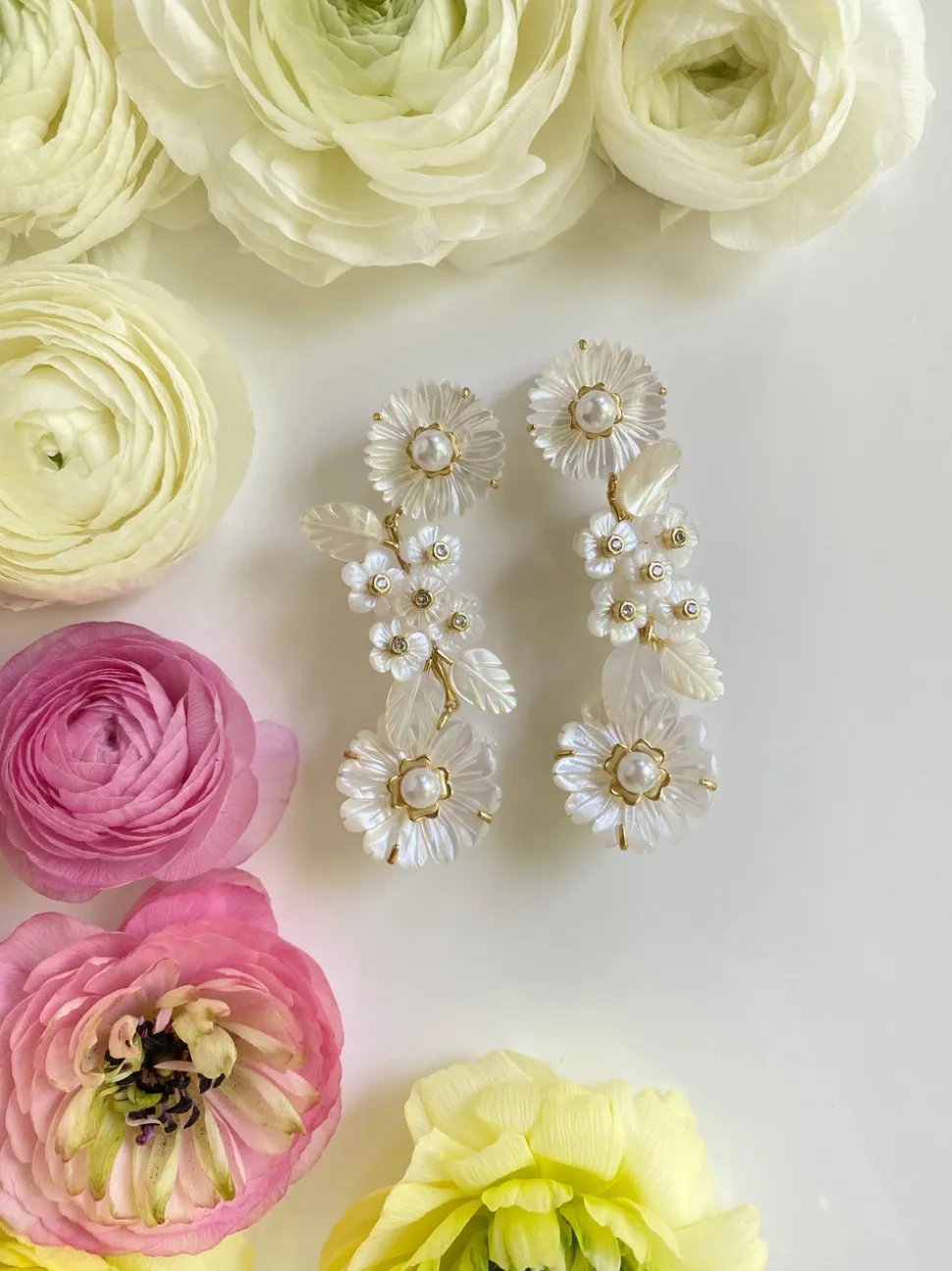 Mother of Pearl and Flowers and Pearl Earrings