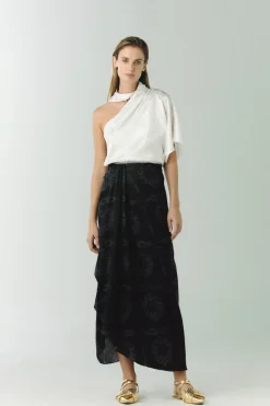 Myanmar Silk Jacquard Midi Skirt in Black