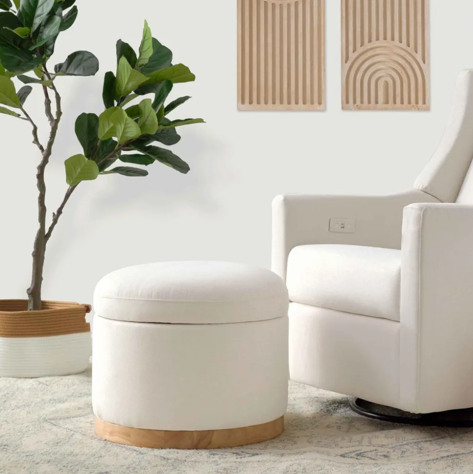 Naka Storage Ottoman in Eco-Performance Fabric | Water Repellent & Stain Resistant in Performance Cream Eco-Weave with Light Wood Base