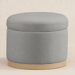 Naka Storage Ottoman in Eco-Performance Fabric | Water Repellent & Stain Resistant in Performance Grey Eco-Weave with Light Wood Base