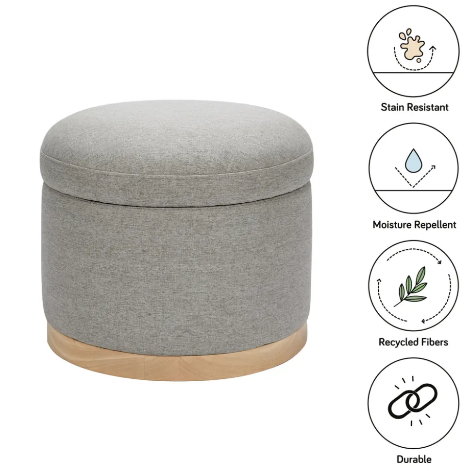 Naka Storage Ottoman in Eco-Performance Fabric | Water Repellent & Stain Resistant in Performance Grey Eco-Weave with Light Wood Base