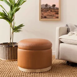 Naka Storage Ottoman in Vegan Leather in Vegan Tan Leather with Light Wood Base
