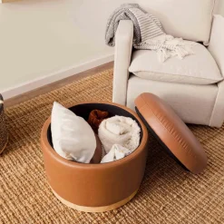 Naka Storage Ottoman in Vegan Leather in Vegan Tan Leather with Light Wood Base