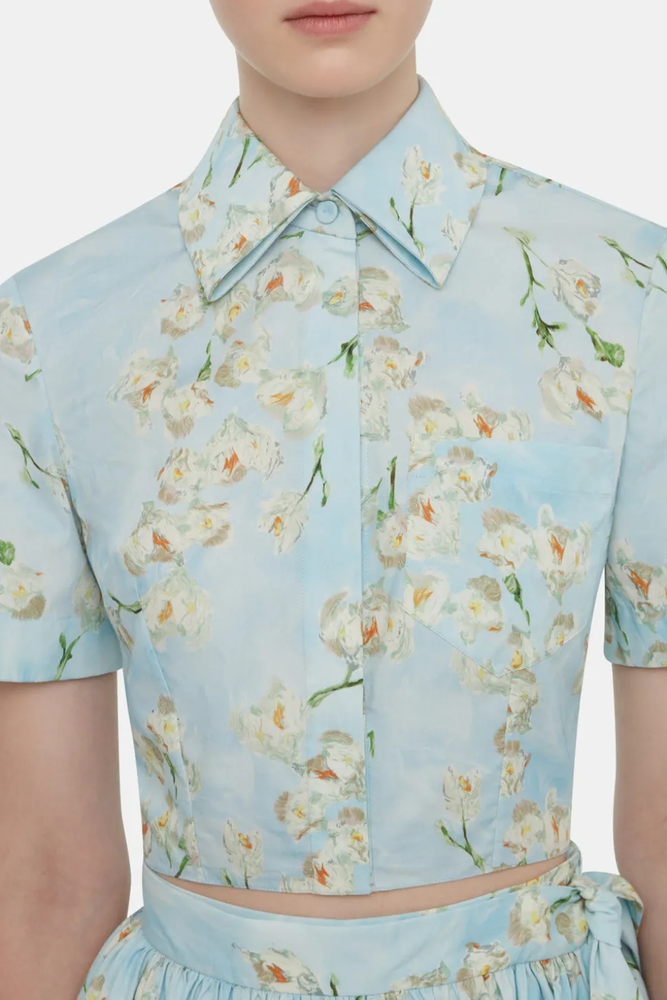 Natalie Cropped Shirt In Little Lillies On Blue Floral Print Cotton Poplin
