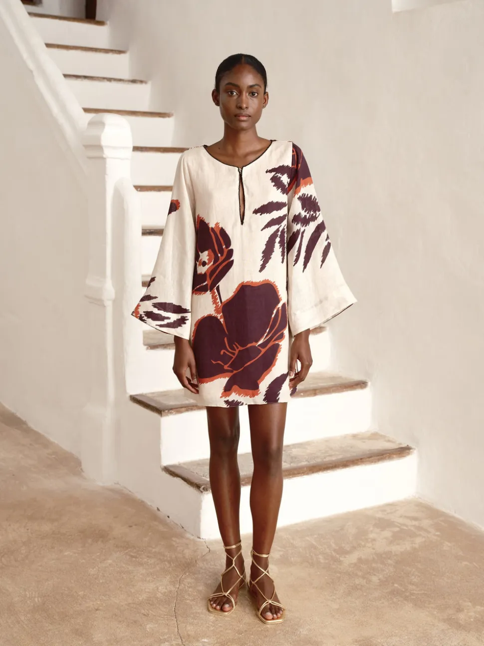 Nazare Linen Mini Tunic Dress in Ecru & Purple Gladiolos