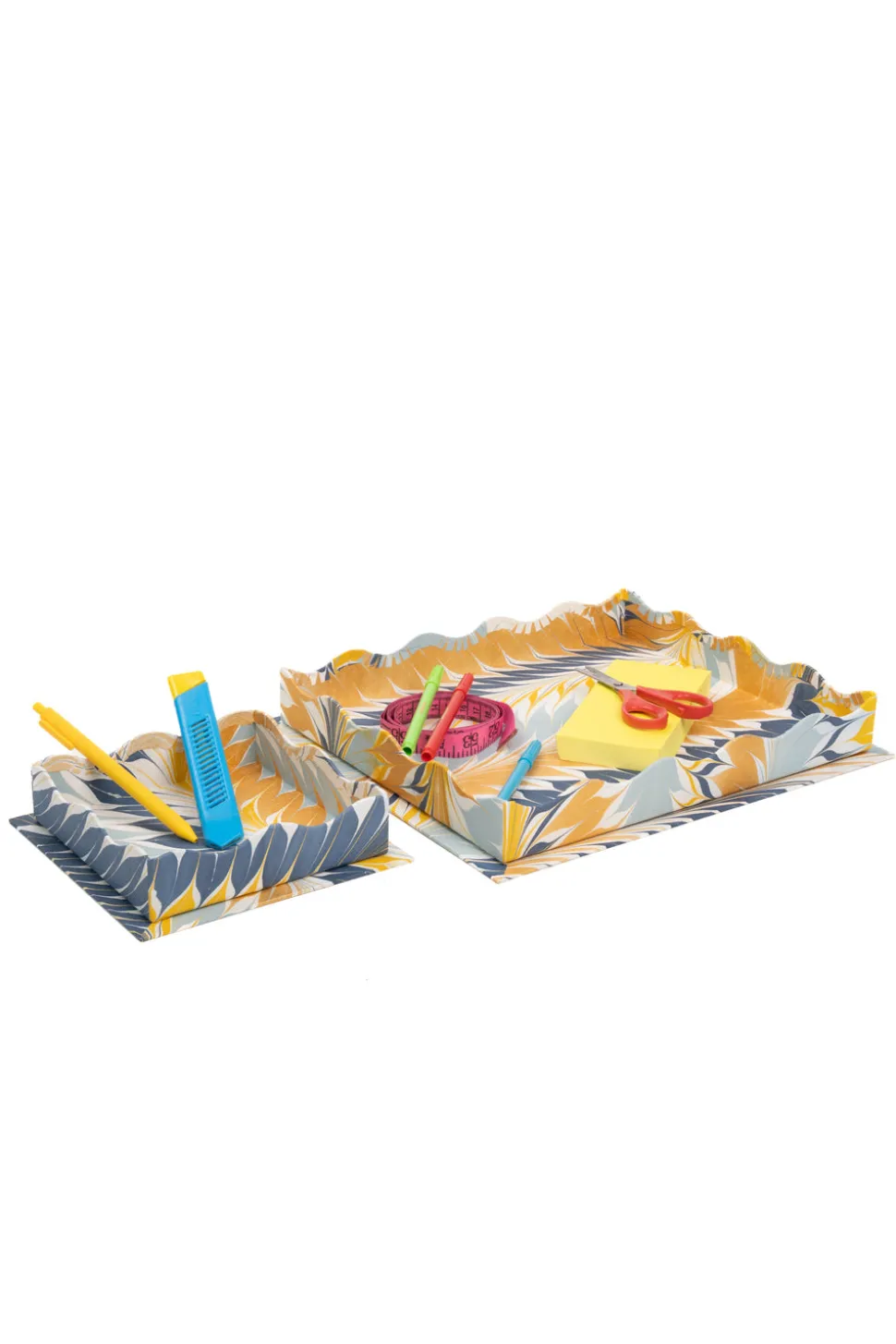 Nesting Scalloped Hand-Marbled Trays in Golden Blue
