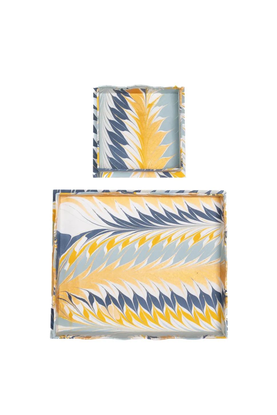 Nesting Scalloped Hand-Marbled Trays in Golden Blue