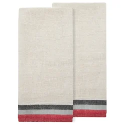 Normandy Natural Tea Towels in Red, Grey, & Black Stripes, Set of 2