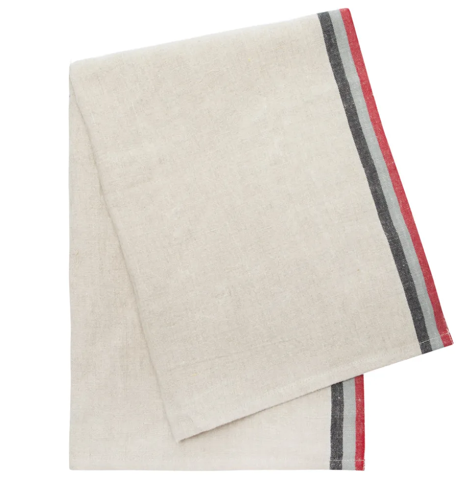 Normandy Natural Tea Towels in Red, Grey, & Black Stripes, Set of 2