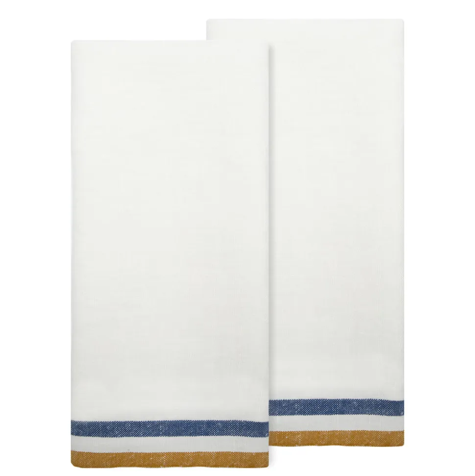 Normandy Tea Towels in Mustard, White, & Blue Stripes, Set of 2
