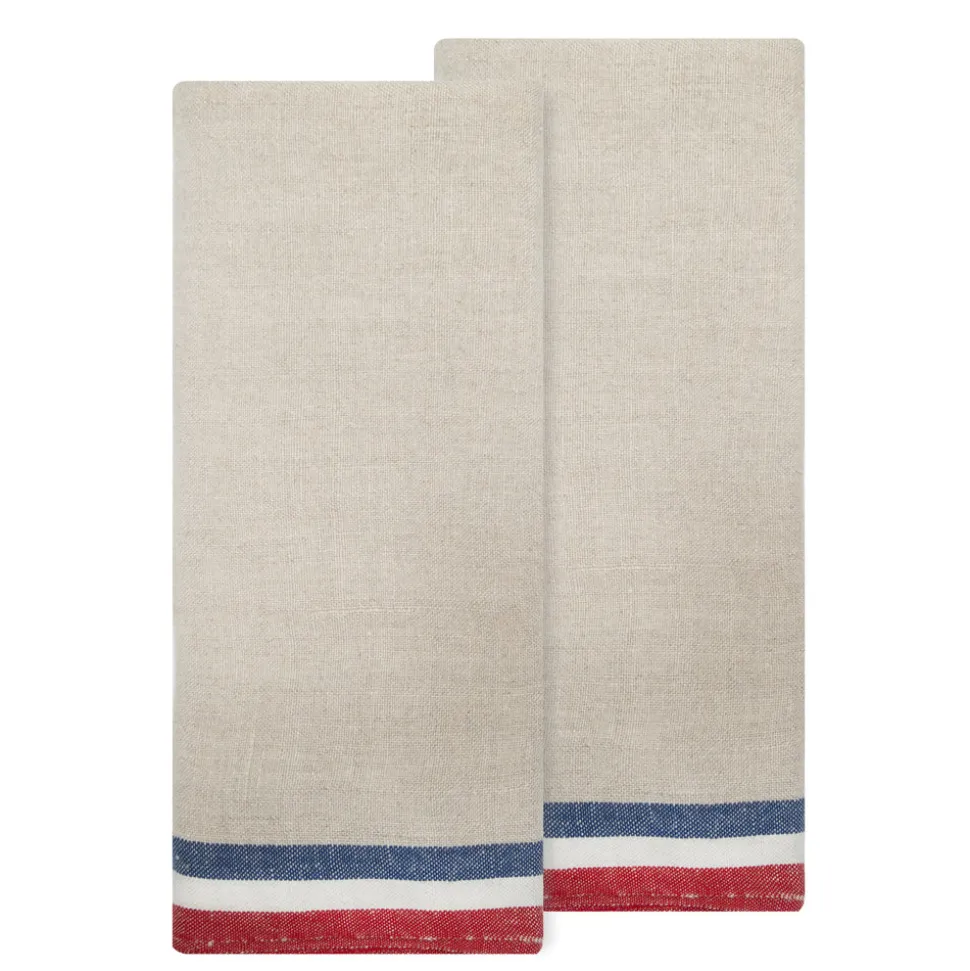 Normandy Tea Towels in Red, Natural, & Blue Stripes, Set of 2