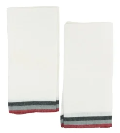 Normandy White Tea Towels in Red, Grey, & Black Stripes, Set of 2