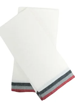 Normandy White Tea Towels in Red, Grey, & Black Stripes, Set of 2