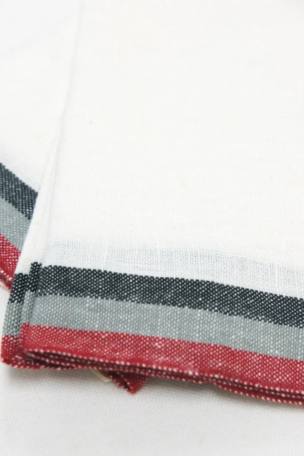 Normandy White Tea Towels in Red, Grey, & Black Stripes, Set of 2