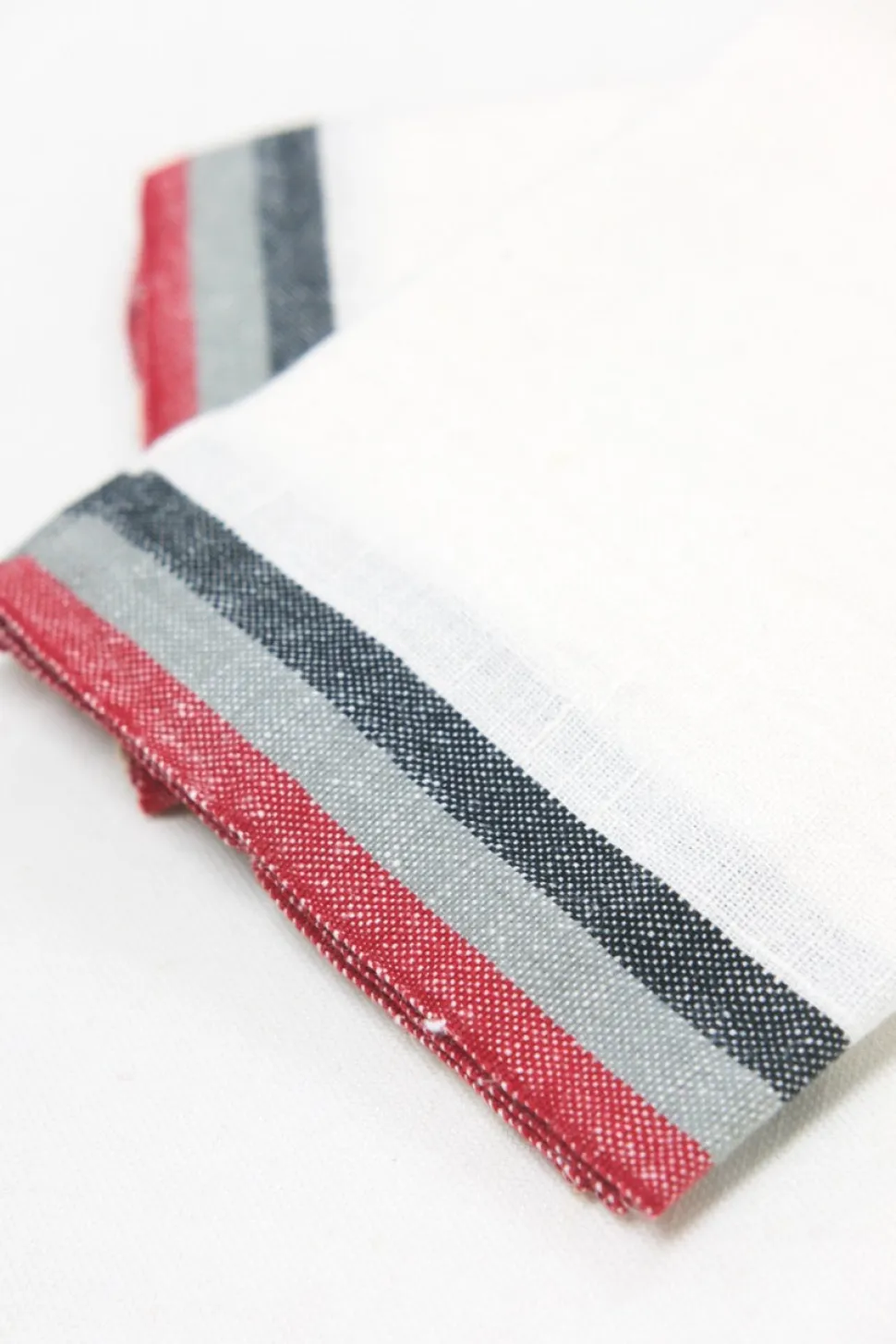 Normandy White Tea Towels in Red, Grey, & Black Stripes, Set of 2