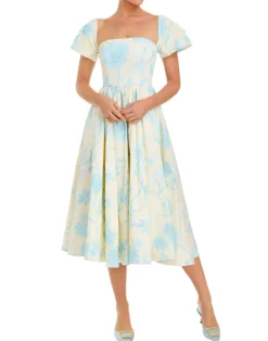 Odette Convertible Midi Dress in Ivory & Blue