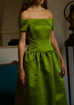 Off The Shoulder Drop Waist Gown in Chartreuse Double-Faced Satin