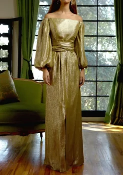 Off The Shoulder Full Sleeve Dress in Gold Silk Lamé