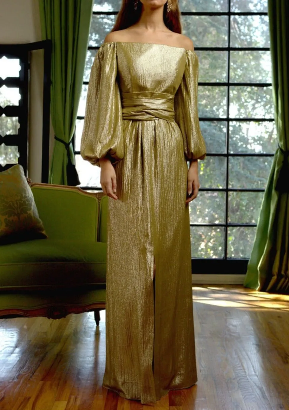 Off The Shoulder Full Sleeve Dress in Gold Silk Lamé