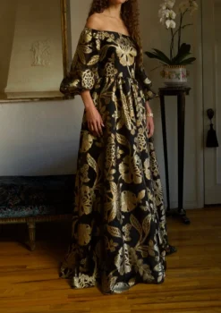 Off The Shoulder Gown in Black and Gold Silk Organza Brocade