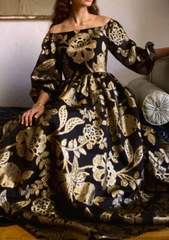 Off The Shoulder Gown in Black and Gold Silk Organza Brocade