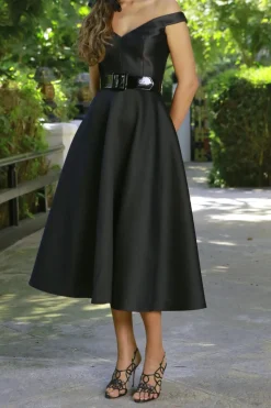 Off-The-Shoulder Circle Skirt Dress in Black with Matching Cord Belt