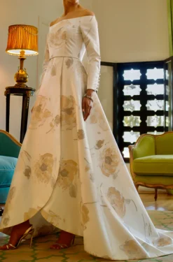 Off-the-Shoulder Long Sleeve Wrap Front High-Low Gown