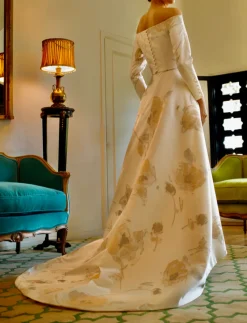 Off-the-Shoulder Long Sleeve Wrap Front High-Low Gown