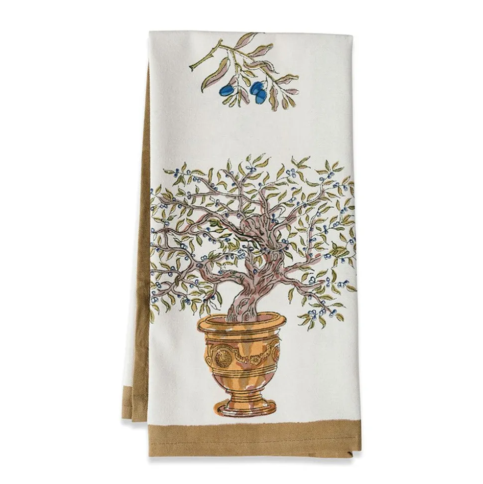 Olive Tree Tea Towels in Khaki & Blue, Set of 3